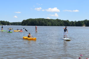 People kayaking and paddleboarding on a calm lake near a forested island.