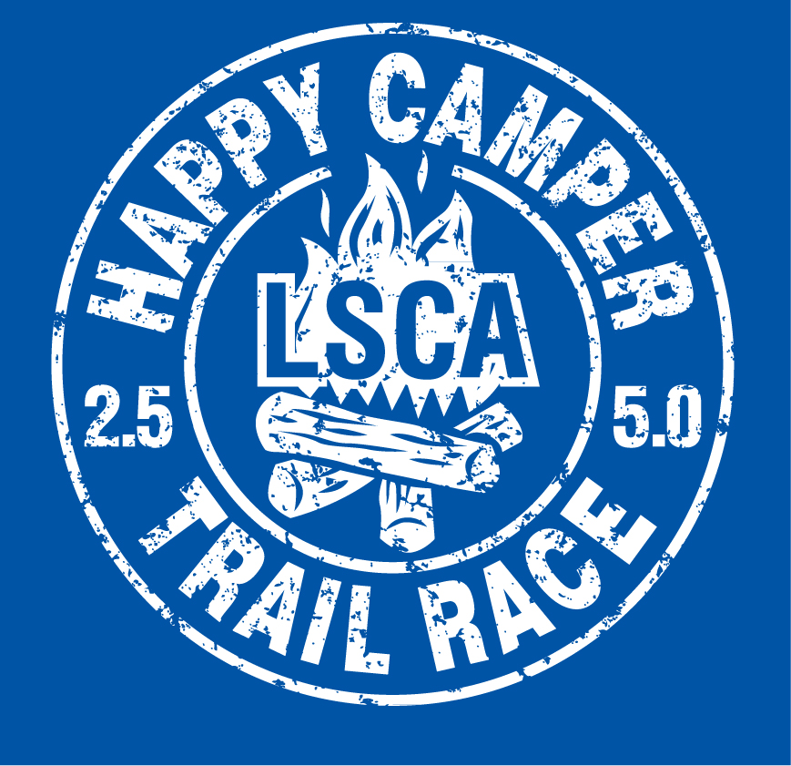 Logo for LSCA Happy Camper Trail Race with campfire and trail distances.