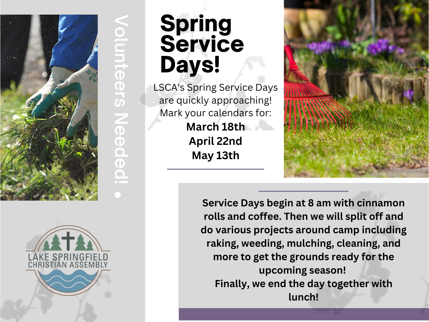 Spring Service Days at ASCA with community work and lunch provided.