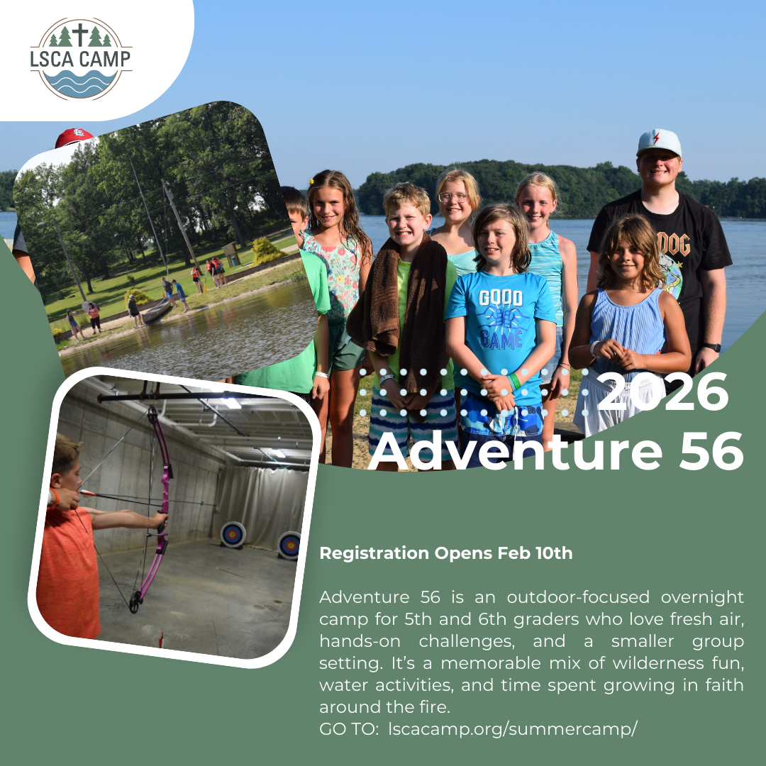 Group photo at Adventure 56, summer camp 2026, with children and counselors outdoors.