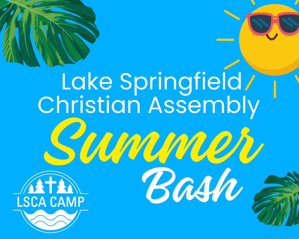 Bright summer bash flyer with tropical and sun graphics for Lake Springfield Christian Assembly.