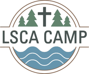 Logo with a cross, trees, and water representing a camp.